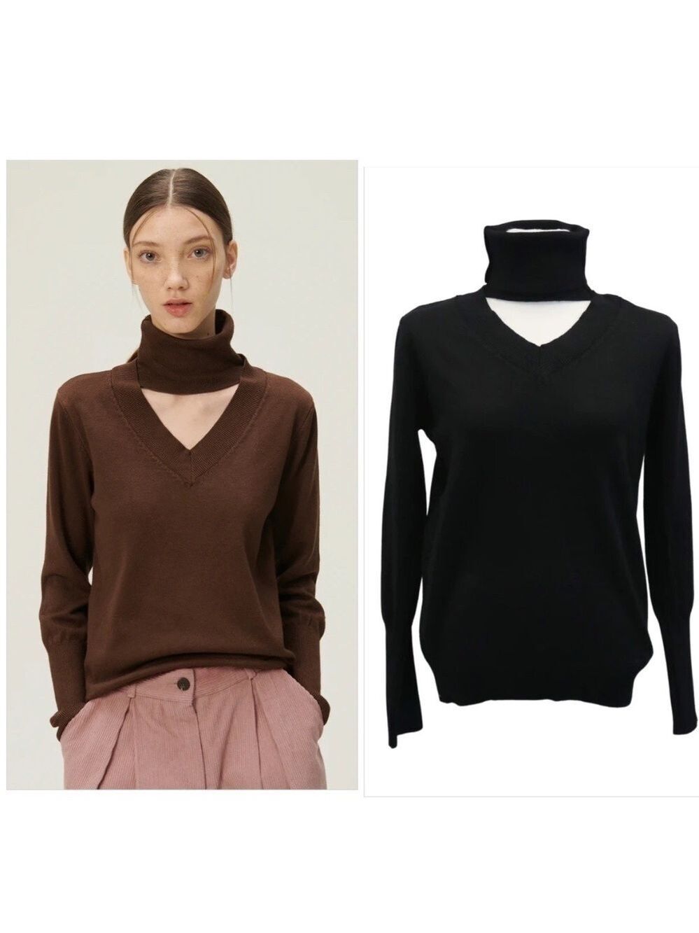 NEW Storets Ali Choker V-Neck Knit Turtleneck Top in Black